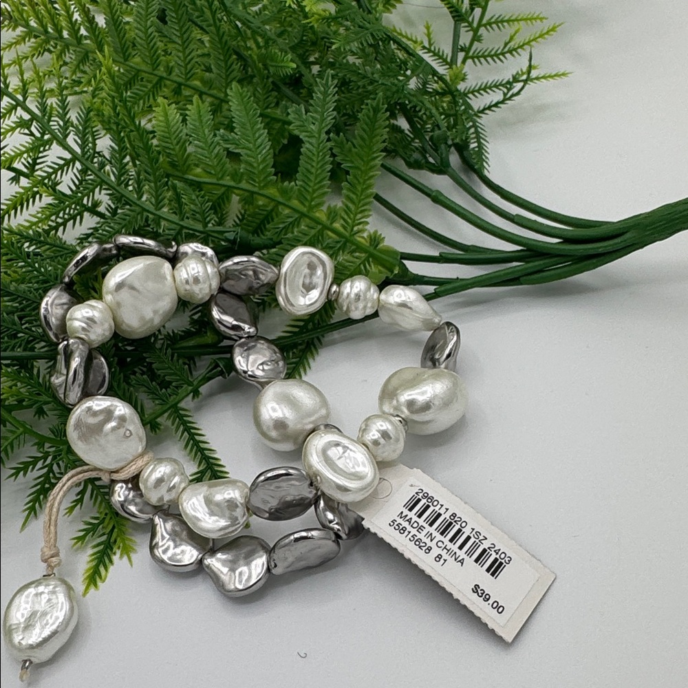 J. Jill Silver & Ivory Beaded Stretch Bracelet Set Faux Pearl  (BR1313/3) - Picture 5 of 7